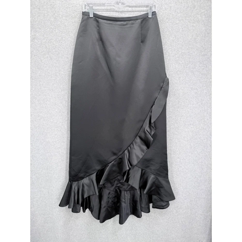 Kay Unger New York Skirt Womens 8 Black Satin Ruffle Hem Formal Evening Maxi